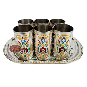 Flower Designed Stainless Steel Meenakari 6-glass Set -S.M.
